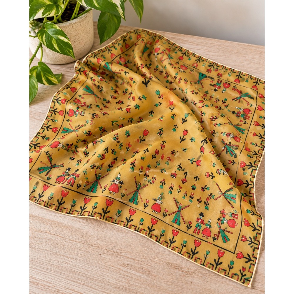 Vintage Prova Silk Scarf Mustard Yellow Dutch Windmill Tulip Folk Art HandRolled